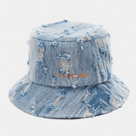 Unisex Denim Brevmönster Broderi Skadad Made-Old Mode Bucket Hat