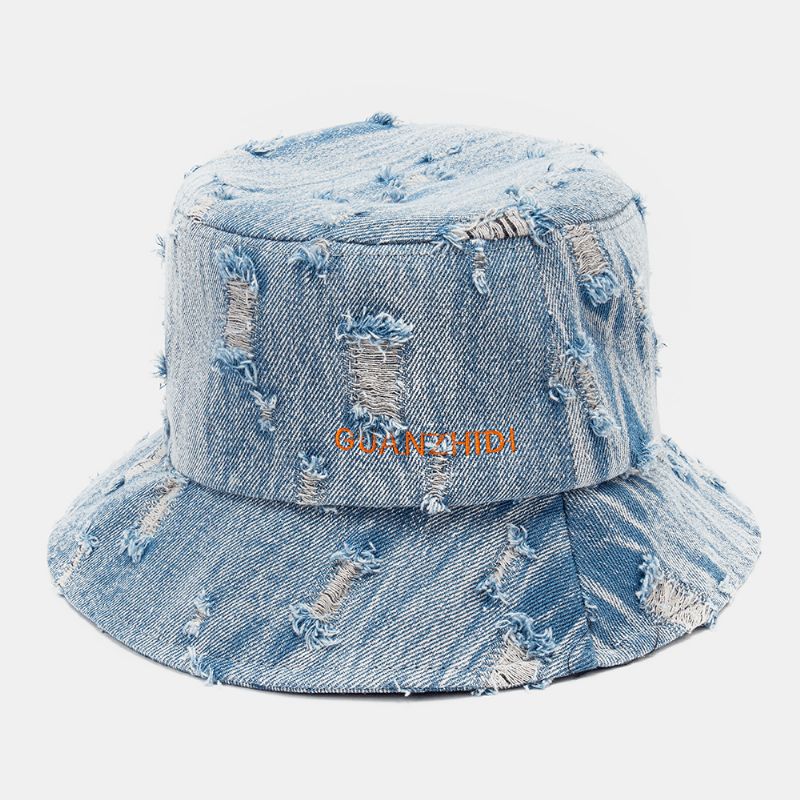 Unisex Denim Brevmönster Broderi Skadad Made-Old Mode Bucket Hat