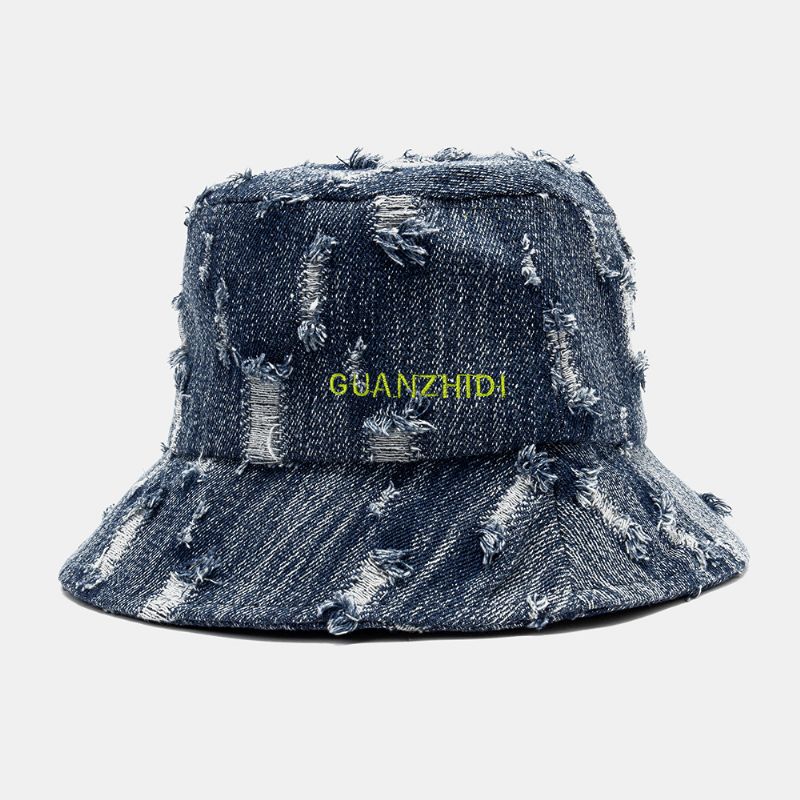 Unisex Denim Brevmönster Broderi Skadad Made-Old Mode Bucket Hat