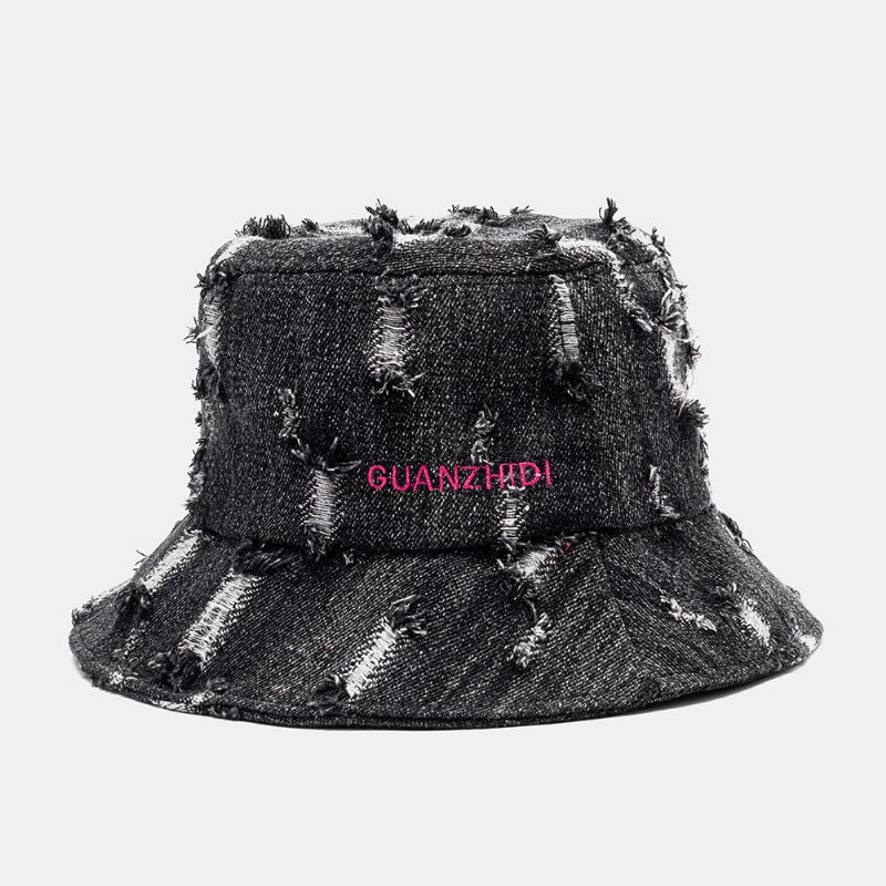 Unisex Denim Brevmönster Broderi Skadad Made-Old Mode Bucket Hat