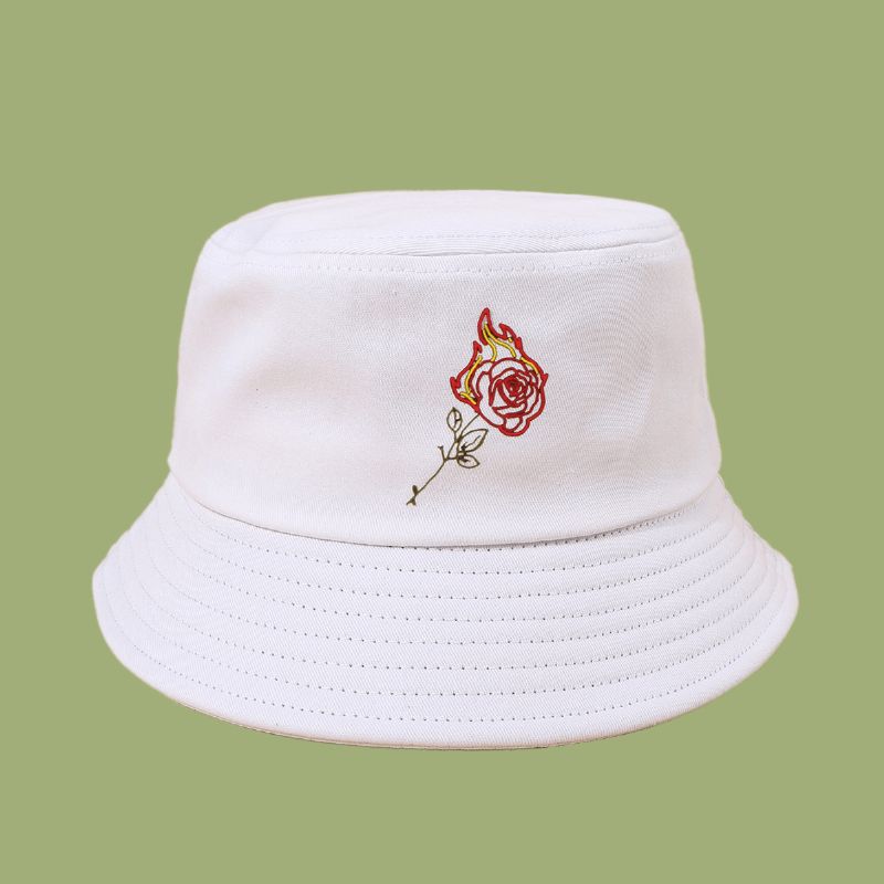 Unisex Flame Rose Broderi Solhatt Bomull Enkel Sunscreen Bucket Hat