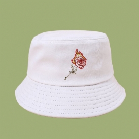 Unisex Flame Rose Broderi Solhatt Bomull Enkel Sunscreen Bucket Hat