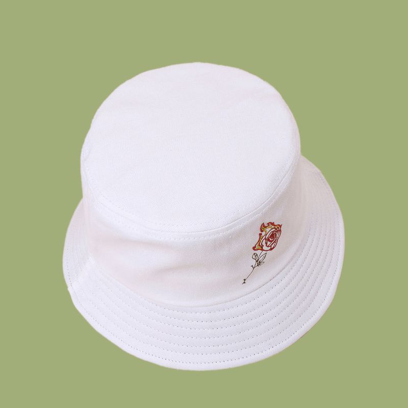 Unisex Flame Rose Broderi Solhatt Bomull Enkel Sunscreen Bucket Hat