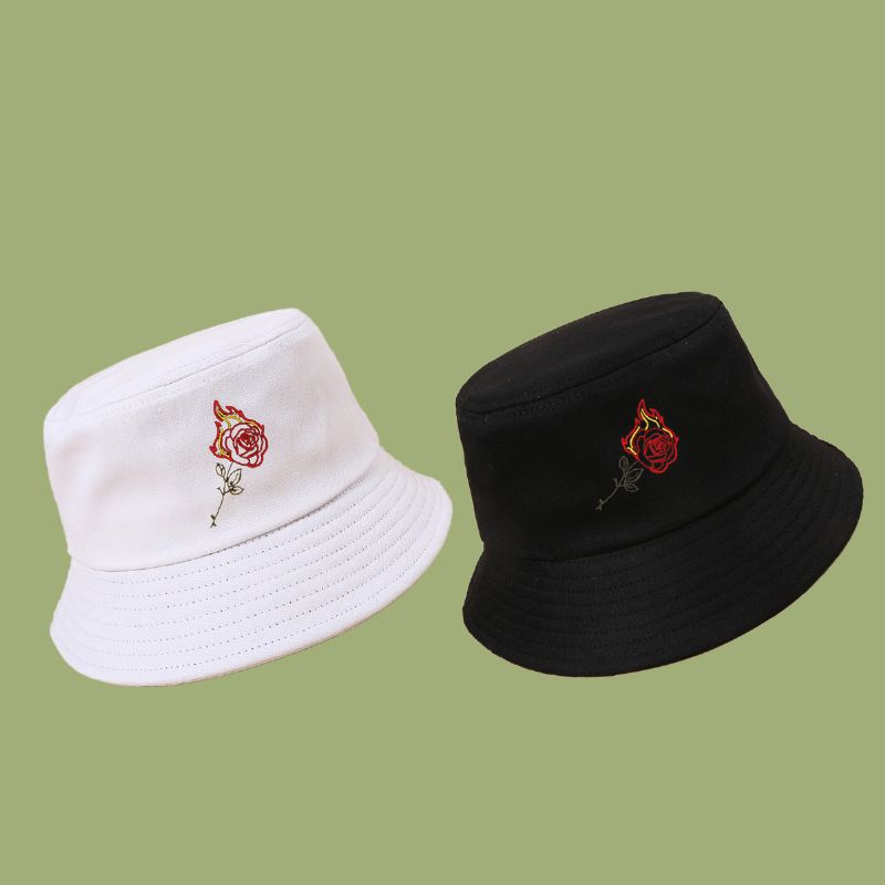 Unisex Flame Rose Broderi Solhatt Bomull Enkel Sunscreen Bucket Hat