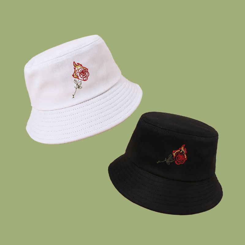 Unisex Flame Rose Broderi Solhatt Bomull Enkel Sunscreen Bucket Hat