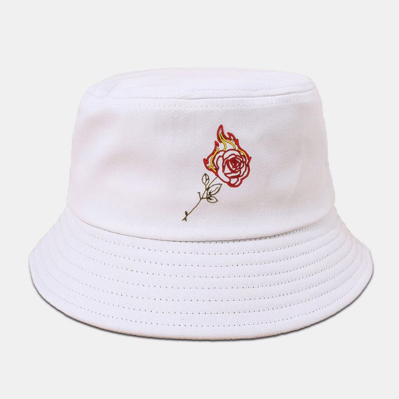 Unisex Flame Rose Broderi Solhatt Bomull Enkel Sunscreen Bucket Hat