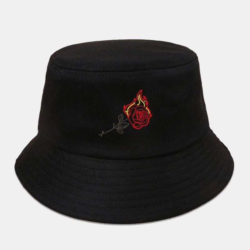 Unisex Flame Rose Broderi Solhatt Bomull Enkel Sunscreen Bucket Hat