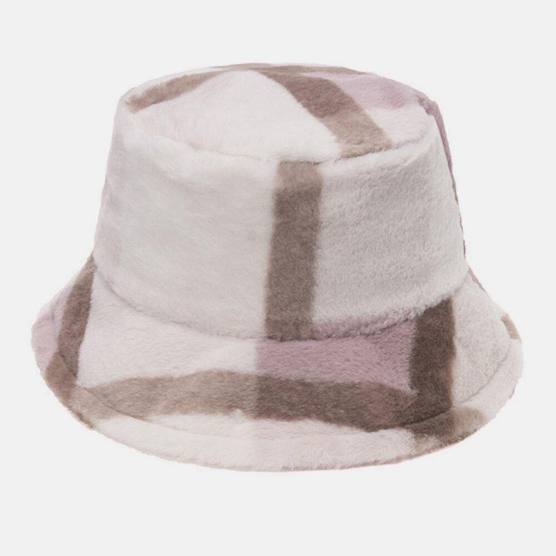 Unisex Kaninhårplädmönster Plus Tjocka Varm Vindtät Mjuk All-Match Travel Bucket Hat