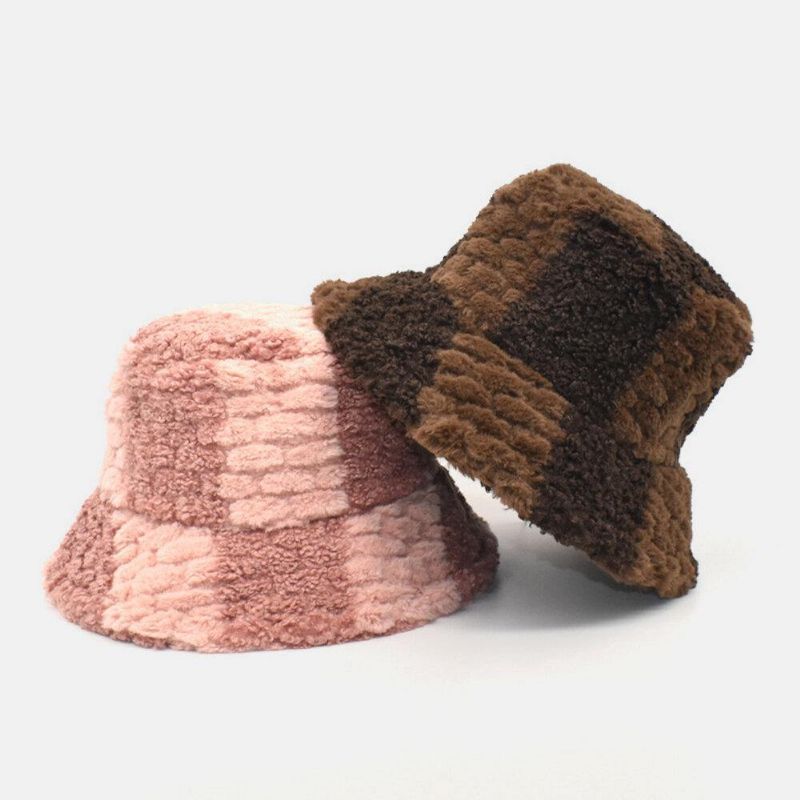 Unisex Lammhår Kontrastfärg Casual Varm Par Hat Bucket Hat