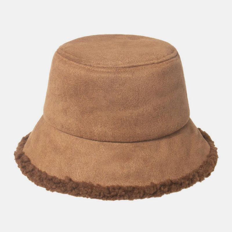 Unisex Lammhår Mocka Plus Tjocka Varm Vindtät Mjuk All-Match Bucket Hat