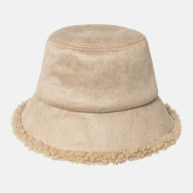 Unisex Lammhår Mocka Plus Tjocka Varm Vindtät Mjuk All-Match Bucket Hat