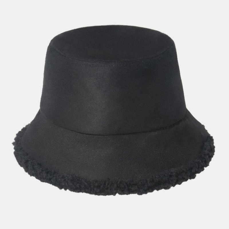 Unisex Lammhår Mocka Plus Tjocka Varm Vindtät Mjuk All-Match Bucket Hat