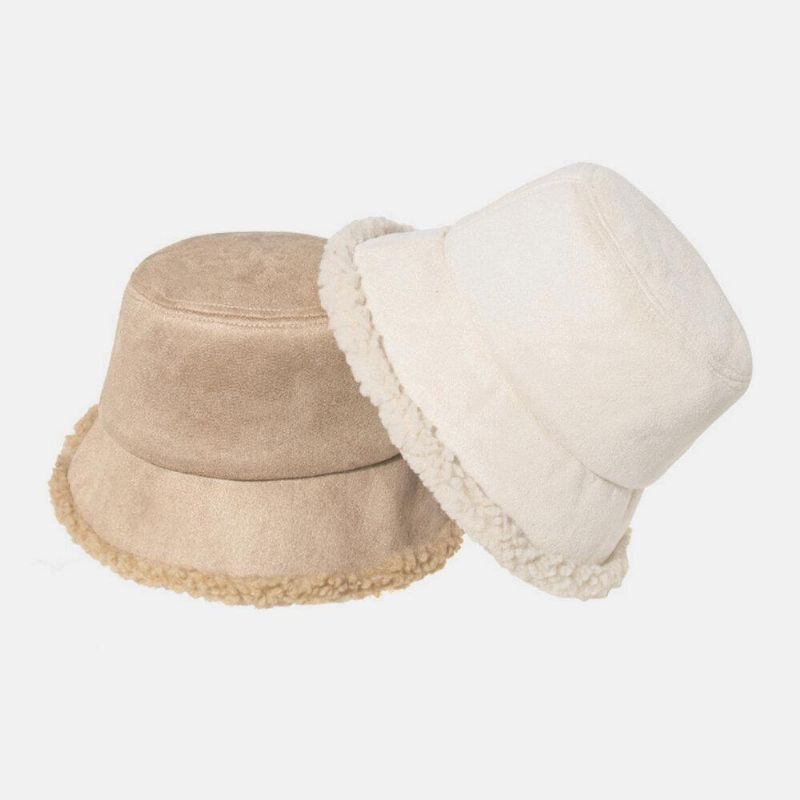 Unisex Lammhår Mocka Plus Tjocka Varm Vindtät Mjuk All-Match Bucket Hat