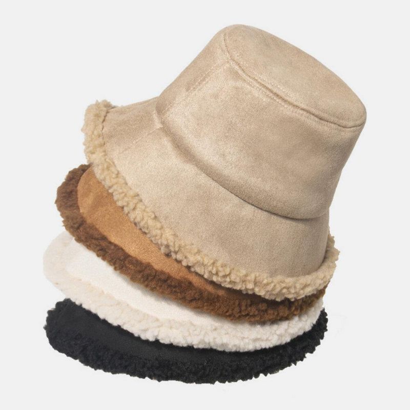 Unisex Lammhår Mocka Plus Tjocka Varm Vindtät Mjuk All-Match Bucket Hat