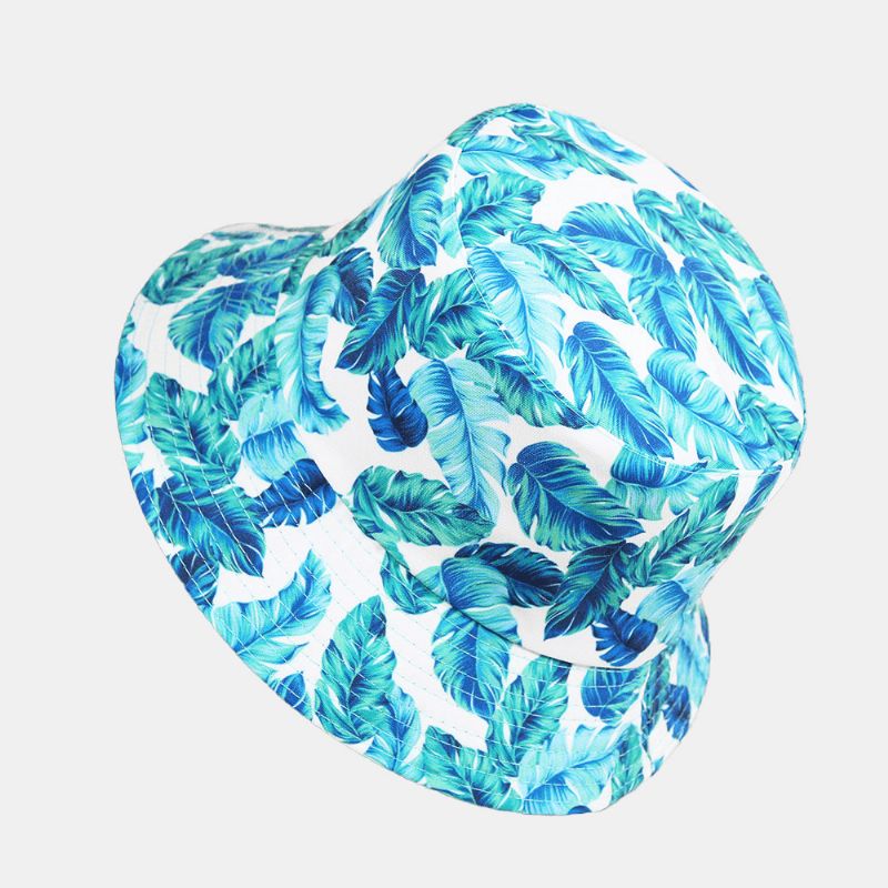 Unisex-Överlägg Lövtryck Vändbar Bucket Hat Dubbelsidig Solhatt Sommarresor Strandhatt