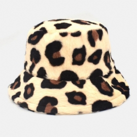 Unisex Plysch Mjuk Varm Casual All-Match Söt Leopard Mönster Bucket Hat