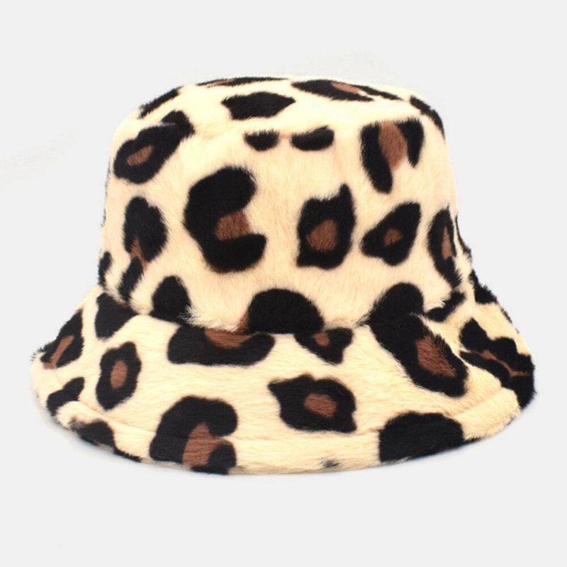 Unisex Plysch Mjuk Varm Casual All-Match Söt Leopard Mönster Bucket Hat