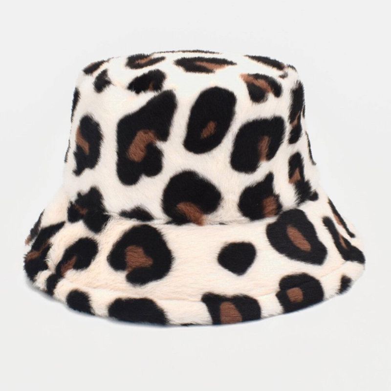 Unisex Plysch Mjuk Varm Casual All-Match Söt Leopard Mönster Bucket Hat