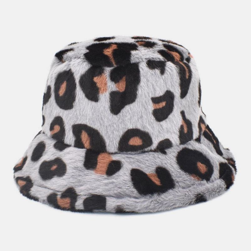 Unisex Plysch Mjuk Varm Casual All-Match Söt Leopard Mönster Bucket Hat