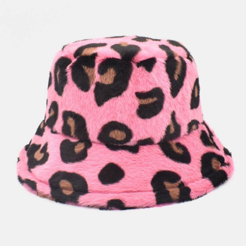 Unisex Plysch Mjuk Varm Casual All-Match Söt Leopard Mönster Bucket Hat