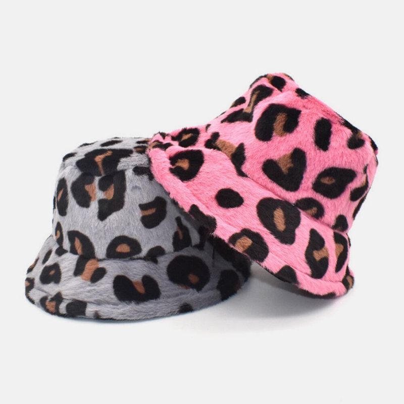 Unisex Plysch Mjuk Varm Casual All-Match Söt Leopard Mönster Bucket Hat