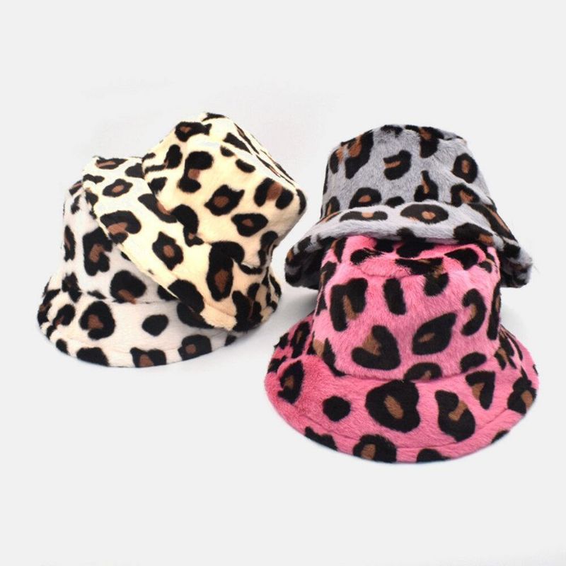 Unisex Plysch Mjuk Varm Casual All-Match Söt Leopard Mönster Bucket Hat