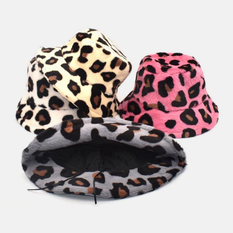 Unisex Plysch Mjuk Varm Casual All-Match Söt Leopard Mönster Bucket Hat