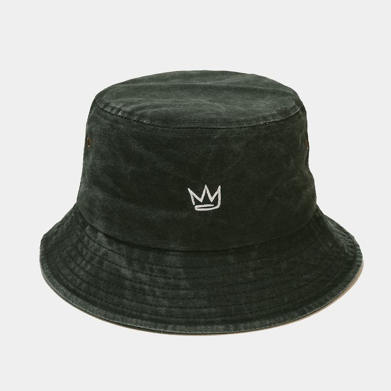 Unisex Tvättad Gammal Bucket Hatt Bomull Kronmönster Broderi Enkel Solskyddshatt