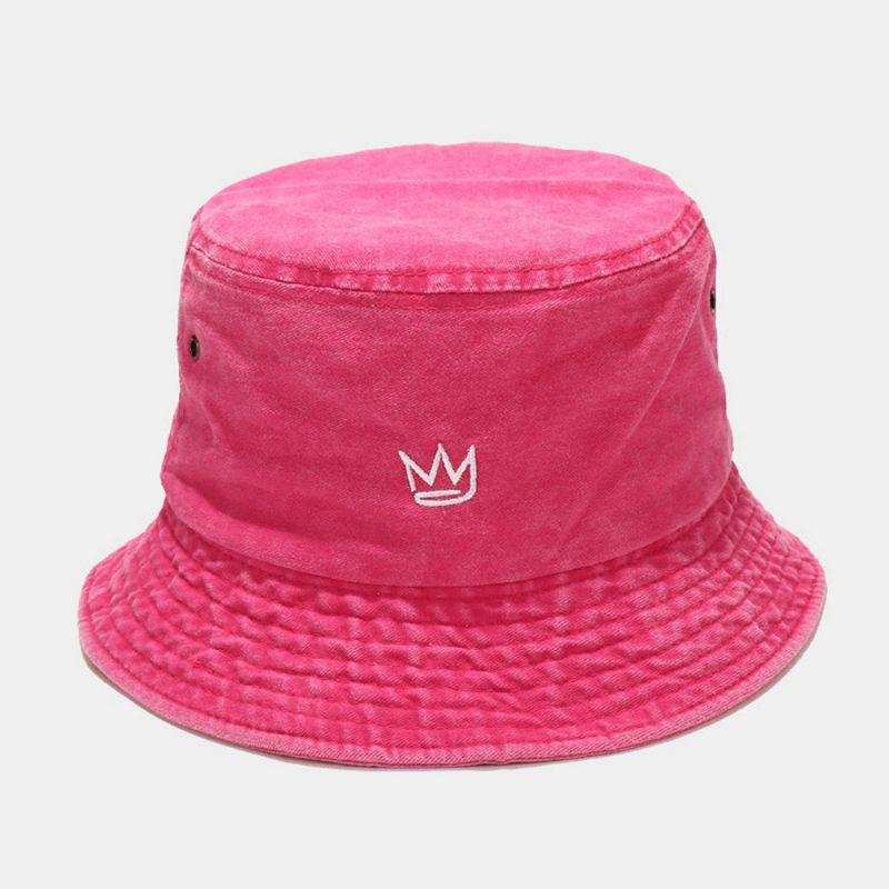 Unisex Tvättad Gammal Bucket Hatt Bomull Kronmönster Broderi Enkel Solskyddshatt