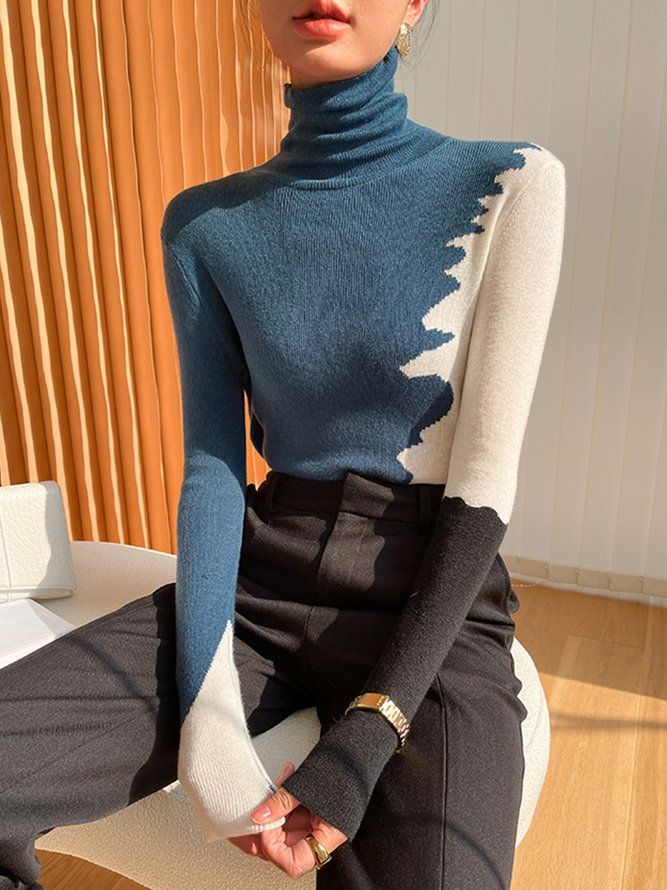 Mode Långärmad Turtleneck Color Block Sweater