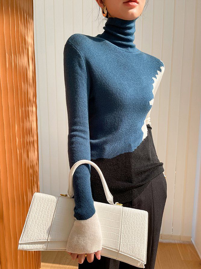 Mode Långärmad Turtleneck Color Block Sweater