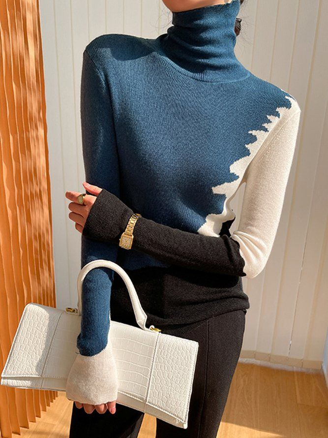 Mode Långärmad Turtleneck Color Block Sweater