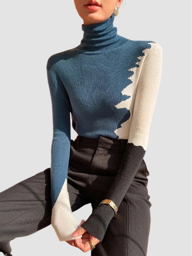 Mode Långärmad Turtleneck Color Block Sweater