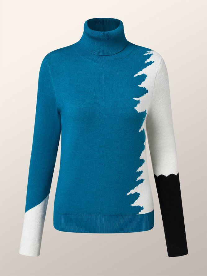 Mode Långärmad Turtleneck Color Block Sweater