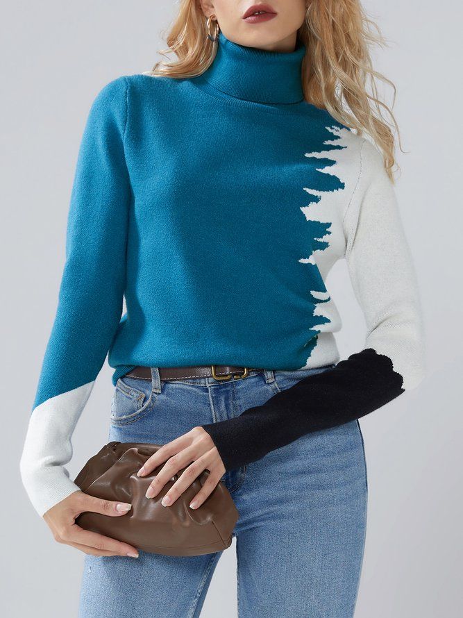 Mode Långärmad Turtleneck Color Block Sweater