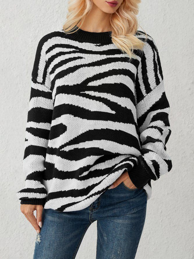 Vit Zebra Stickad Casual Tröja