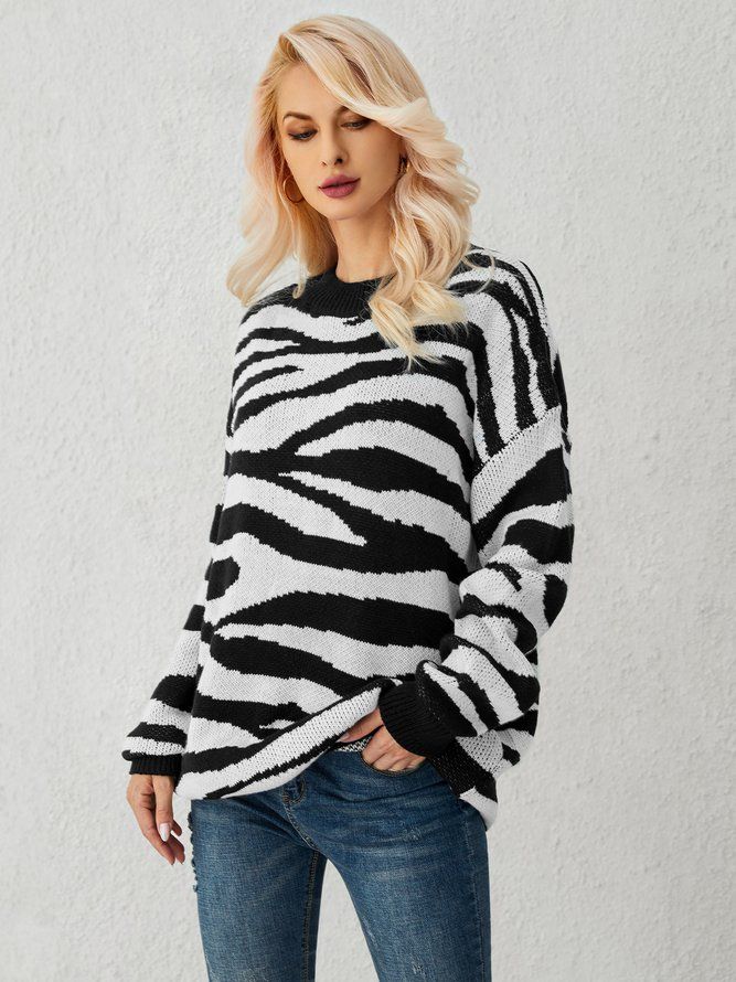 Vit Zebra Stickad Casual Tröja