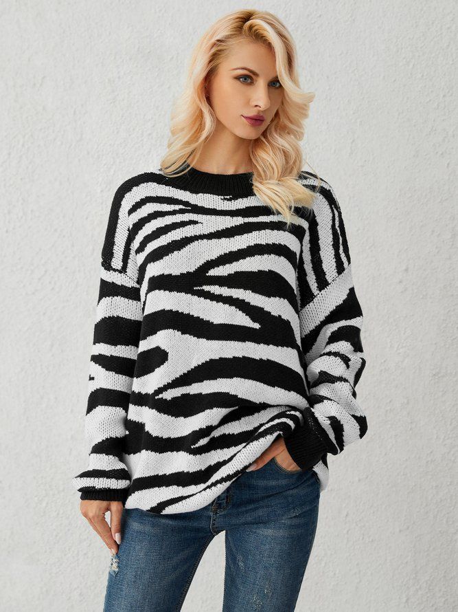 Vit Zebra Stickad Casual Tröja