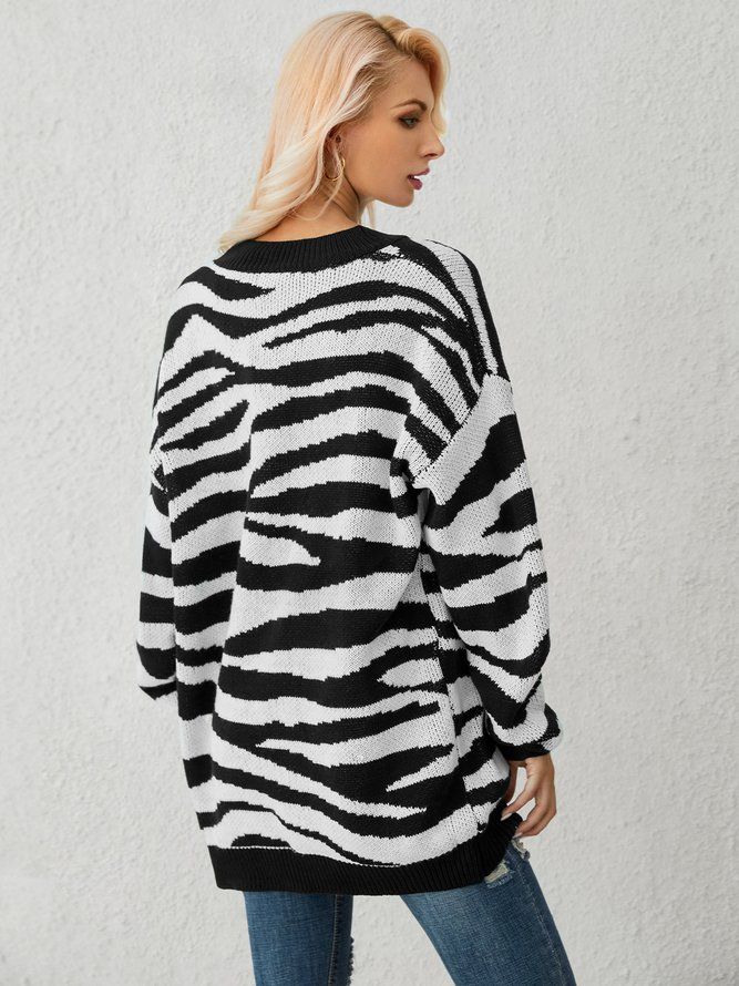 Vit Zebra Stickad Casual Tröja