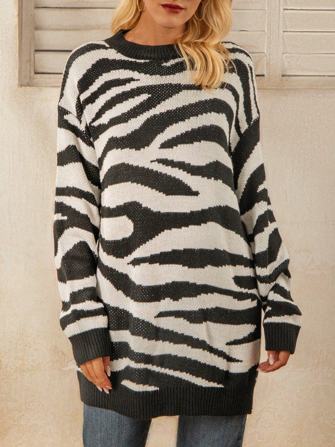 Vit Zebra Stickad Casual Tröja