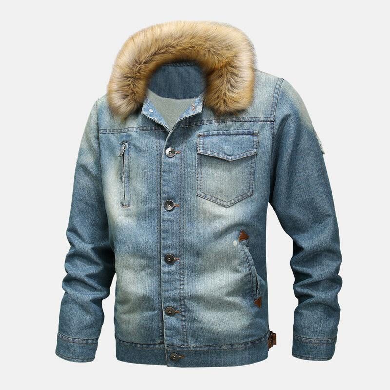 Herrmode 100 % Bomullsfickor Denim Fleece Förtjockad Stativkrage Casual Jacka