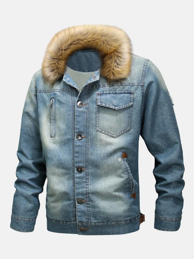 Herrmode 100 % Bomullsfickor Denim Fleece Förtjockad Stativkrage Casual Jacka