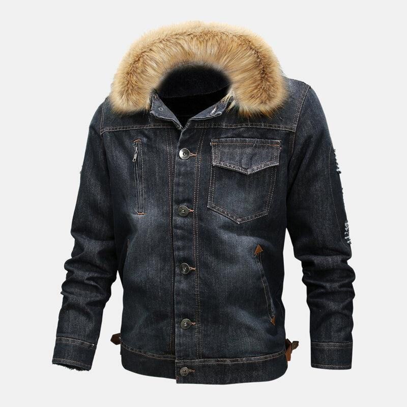 Herrmode 100 % Bomullsfickor Denim Fleece Förtjockad Stativkrage Casual Jacka