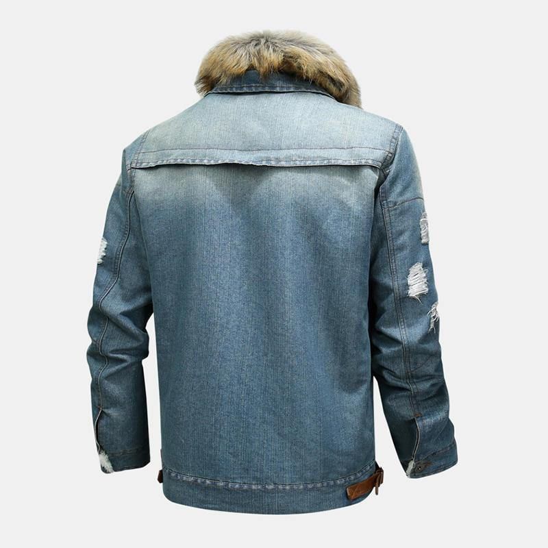 Herrmode 100 % Bomullsfickor Denim Fleece Förtjockad Stativkrage Casual Jacka