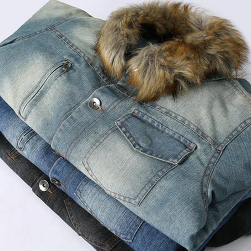 Herrmode 100 % Bomullsfickor Denim Fleece Förtjockad Stativkrage Casual Jacka