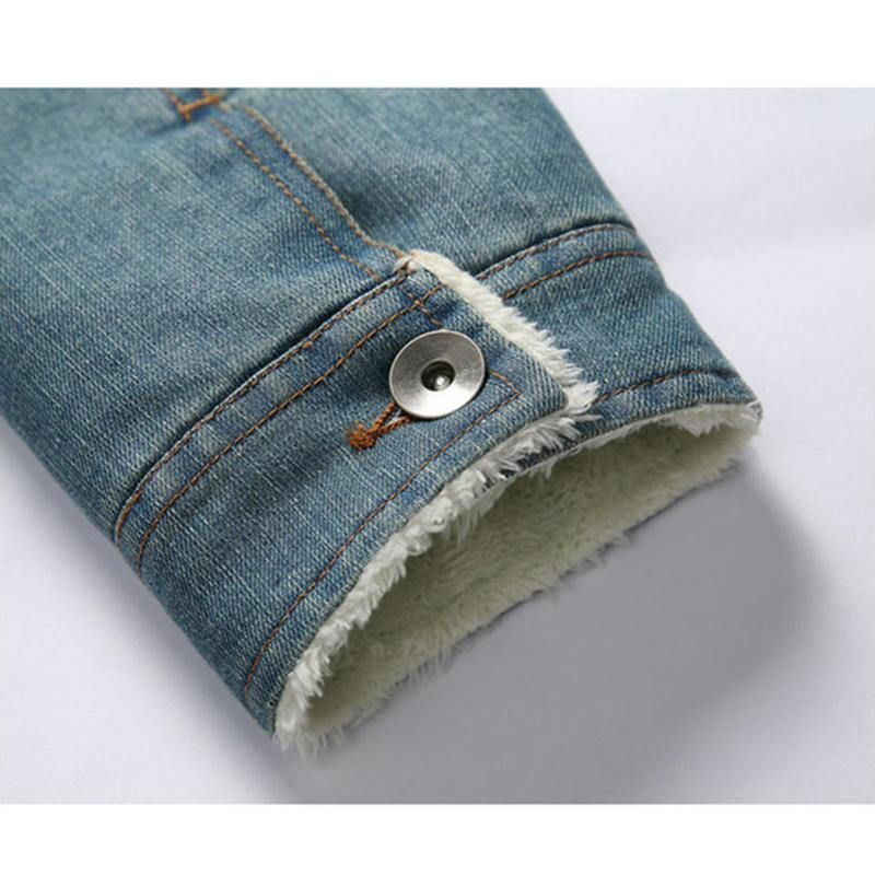 Herrmode 100 % Bomullsfickor Denim Fleece Förtjockad Stativkrage Casual Jacka