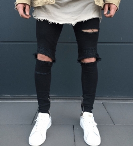 Biker-Byxor För Män Mode Knävikt Smal Dragkedja Ripped Jeans