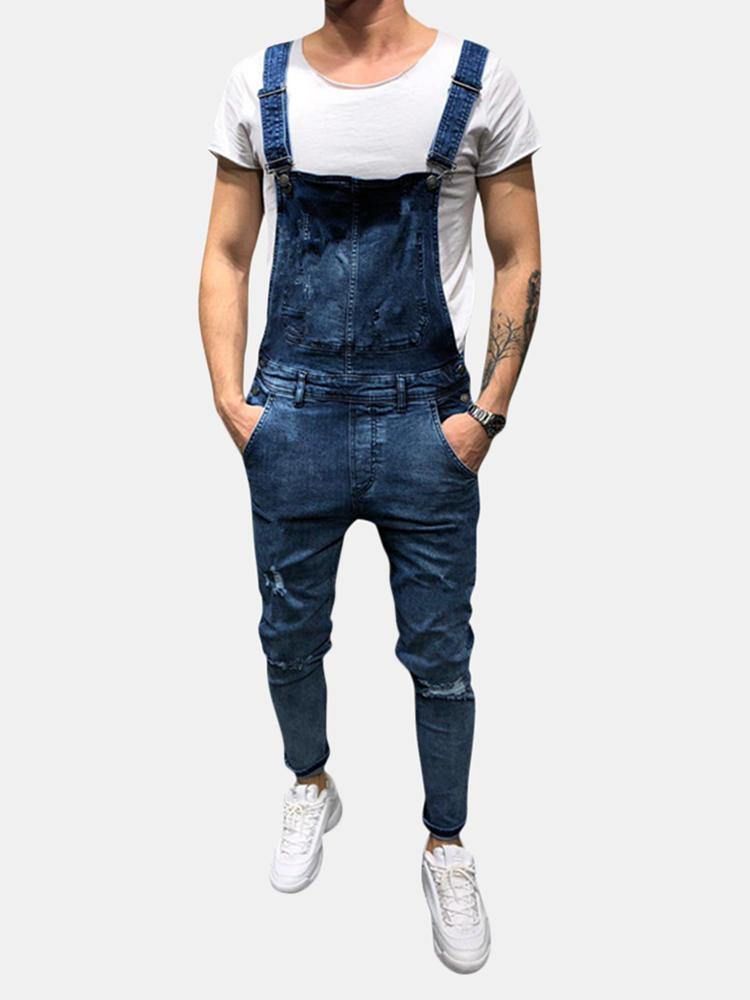 Denim Overall Hängslen Ripped Jeans För Män