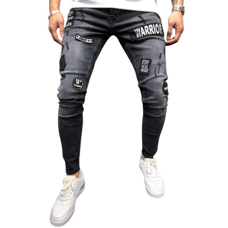 Herrmode Bomull Med Mitten Av Midjan Patchwork Jeans Jeansbyxor