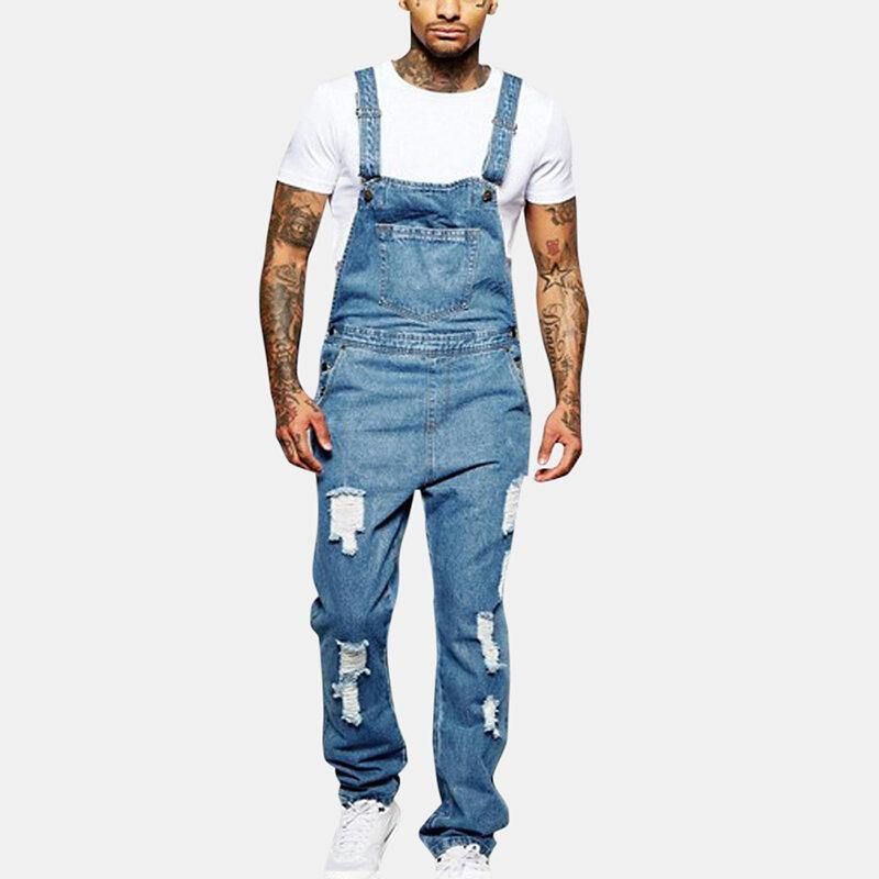 Herrmode Sling Romper Torn Denim Enfärgad Casual Suspender Byxor